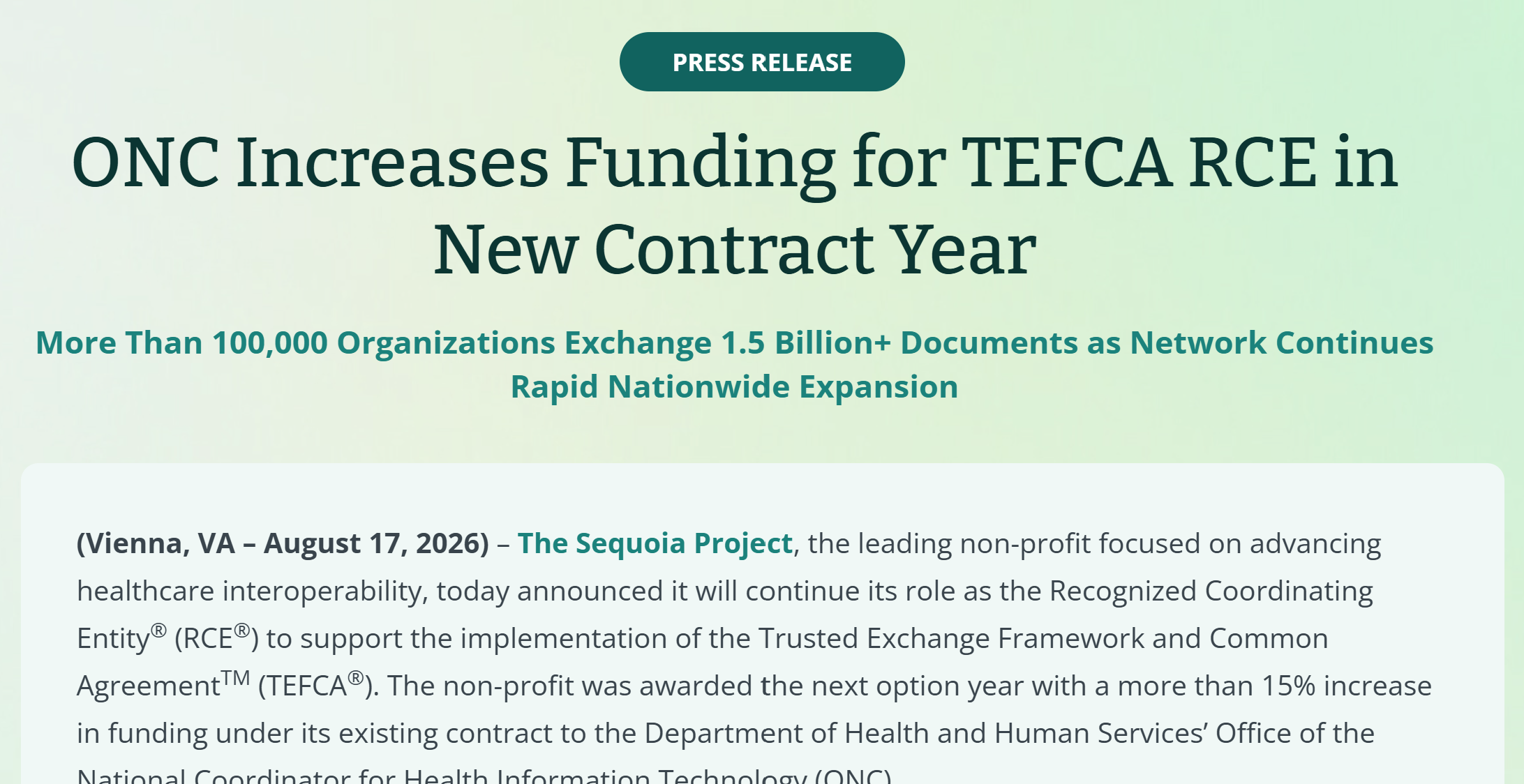Screenshot of the RCE news release announcing increased funding